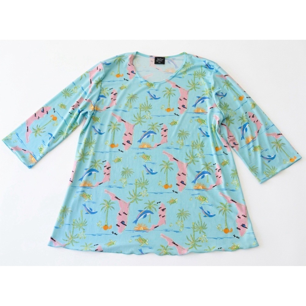 JOSTAR 2XL Slinky Stretch Florida Dolphin Print Tunic Top 3/4 Sleeve USA Women